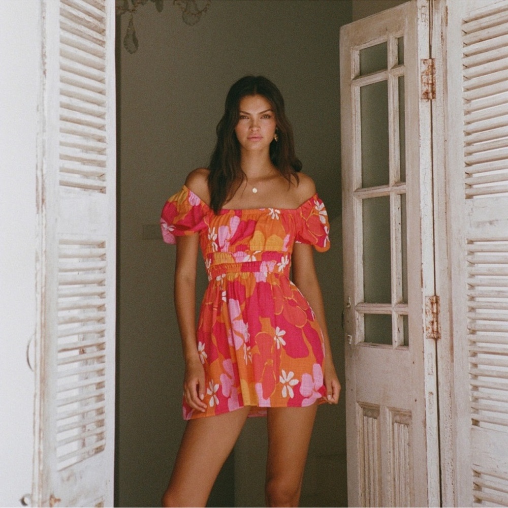 SABO Australia Floral Puff Sleeve Summer Mini Dress Sz 4 Pink Orange
